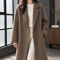 Coat Wool Blend Double-Breasted Long Loose with Notched Lapels