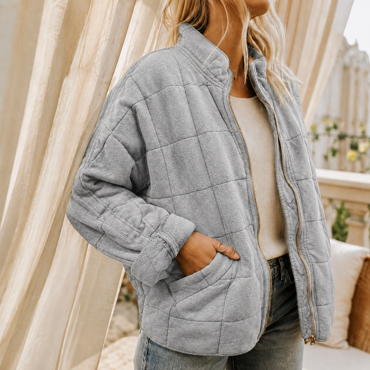 Quilted Jacket Polyester Relaxed with Square-Grid Quilting and Zip