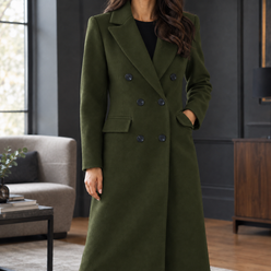Coat Cashmere-Feel Brushed Polyester Double-Breasted Long Tailored