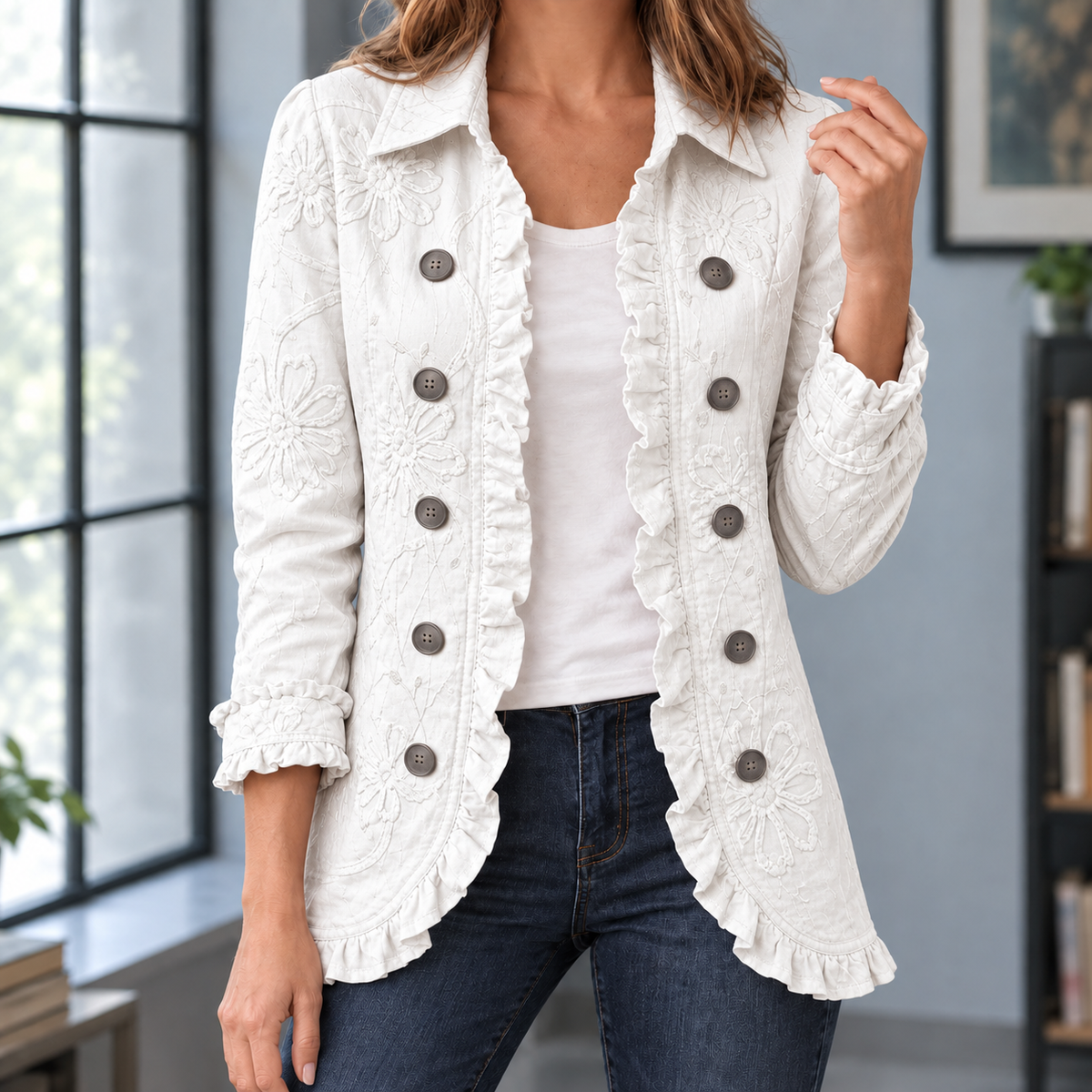 Ruffle Jacket Polyester Hip-Length with Turn-Down Collar