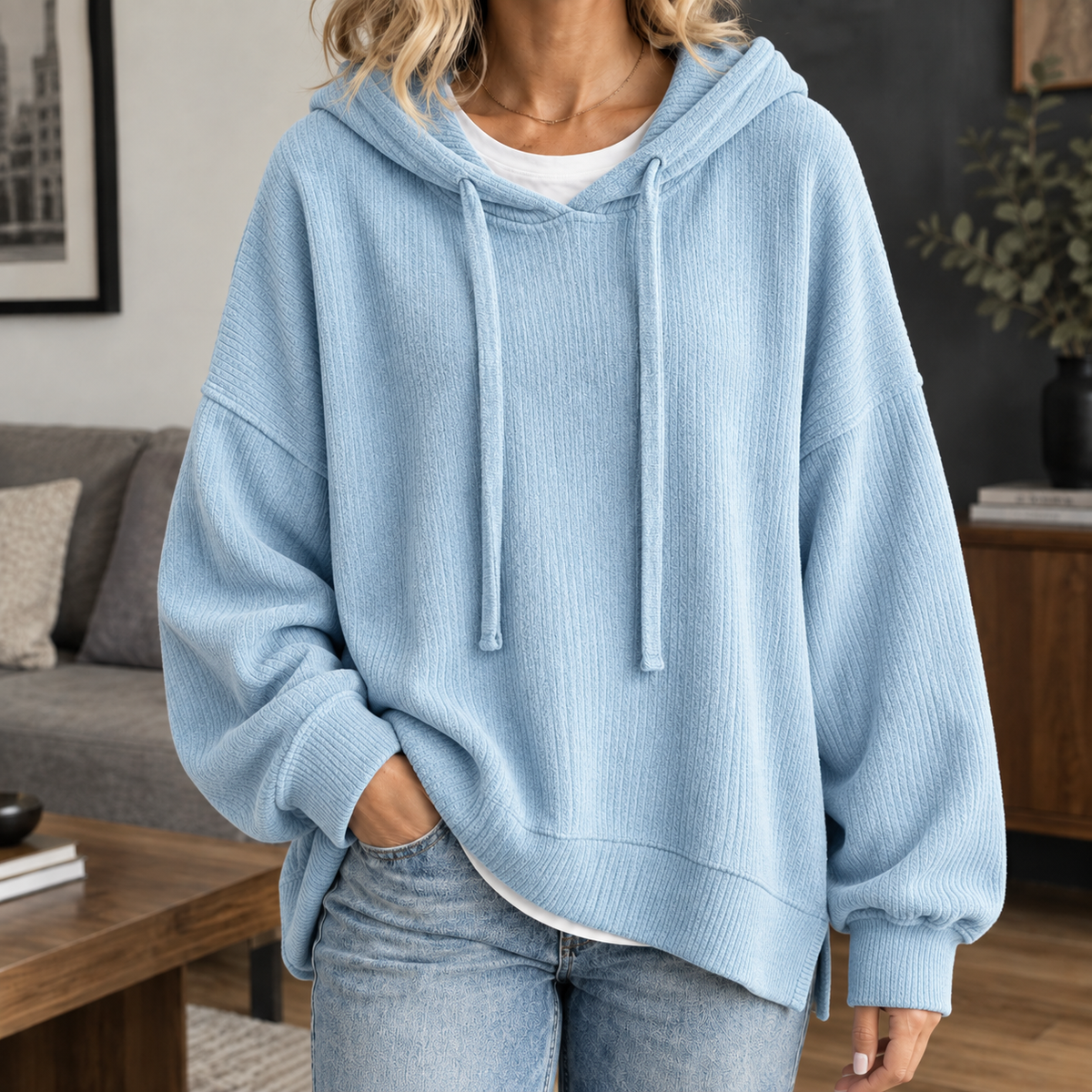 Ribbed Roomy Hoodie with Dropped Shoulders