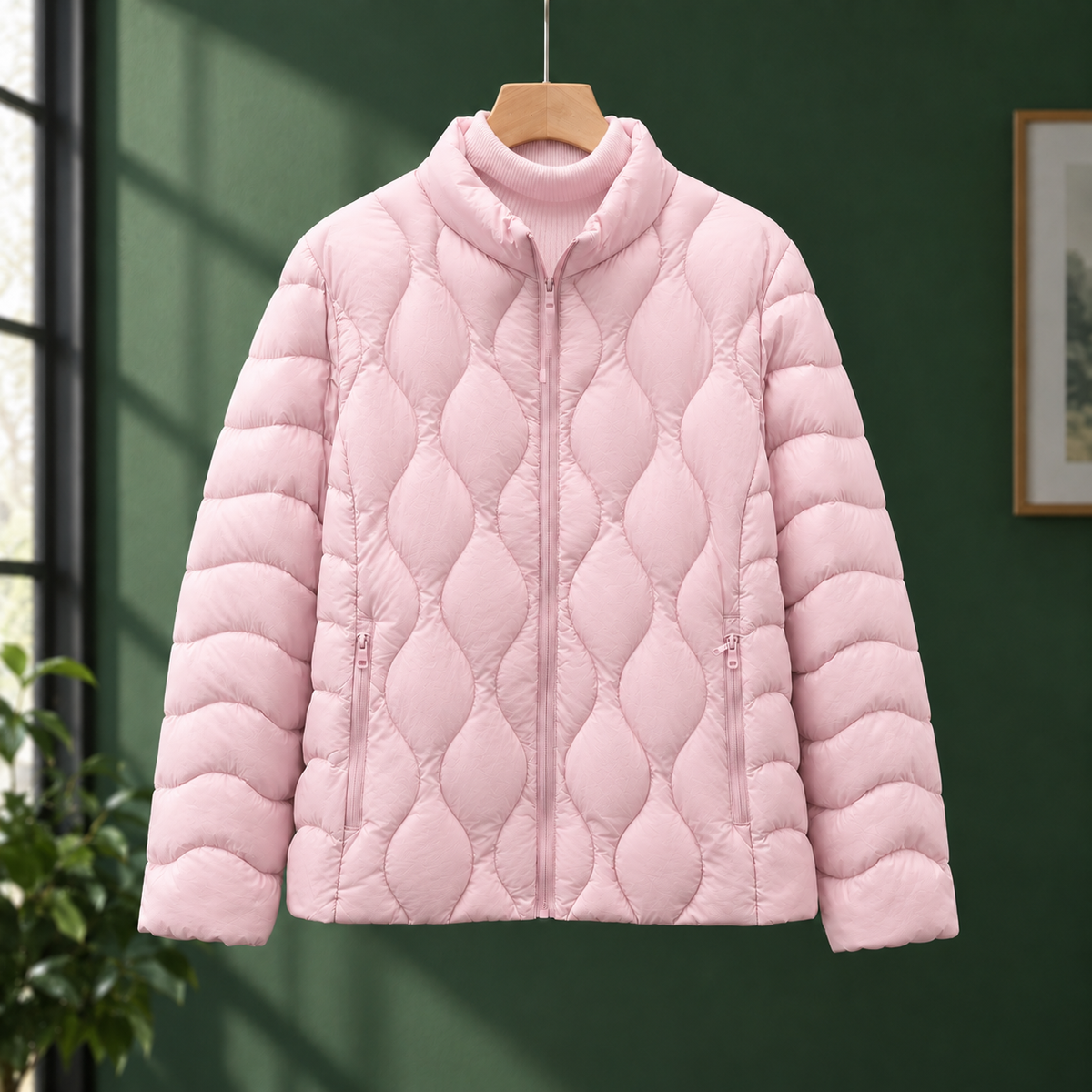 Quilted Jacket Duck Down Filled with Wave Quilting and Full Zip