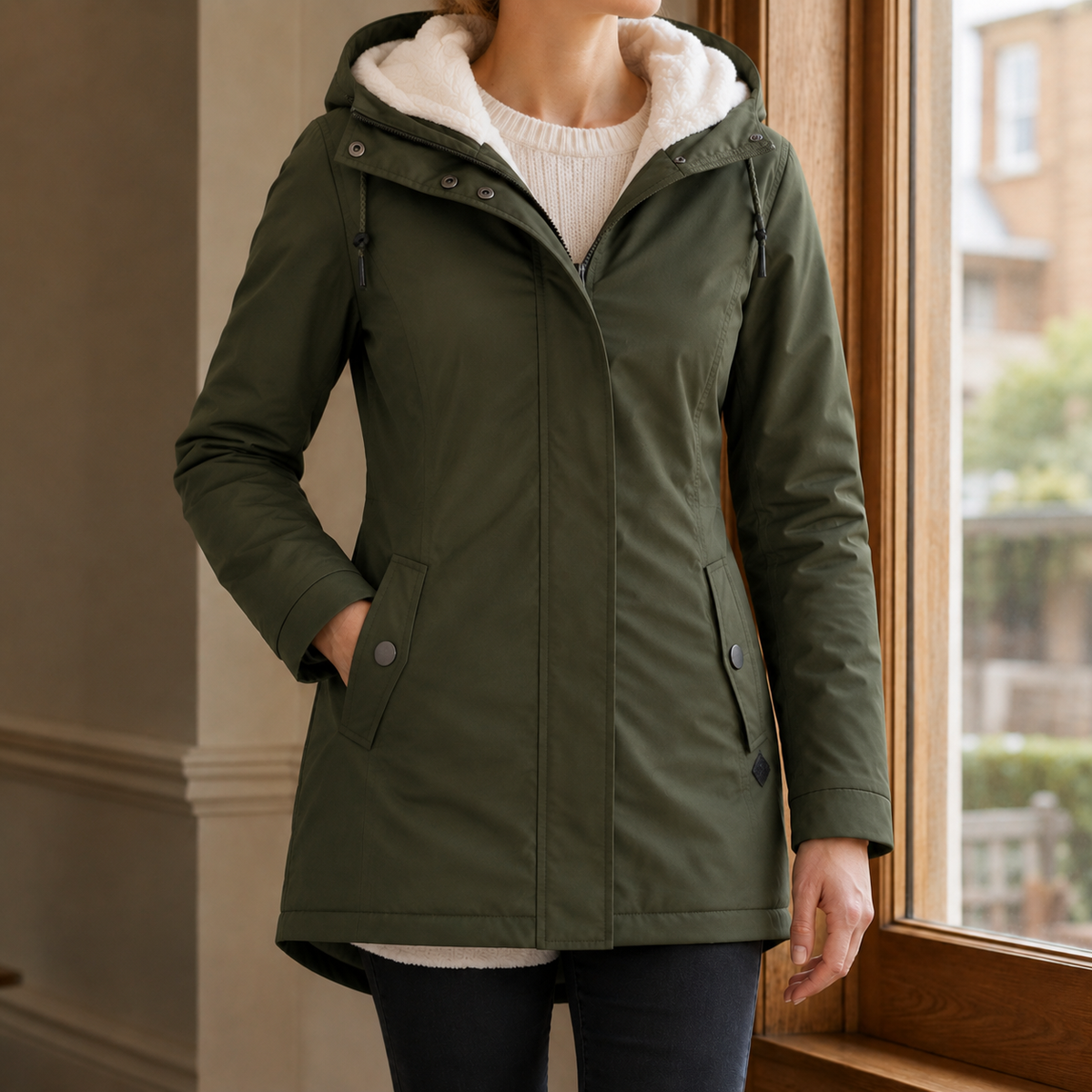 Parka Polyester Fitted with Pile-Lined Hood and Concealed Zip