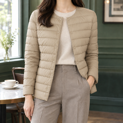 Quilted Jacket Lightweight Down Fill Slim with Collarless Neckline