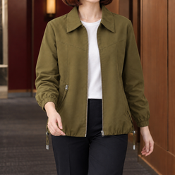 Zip Jacket Polyester with Pointed Collar, Drawcord Hem and Hip Pockets