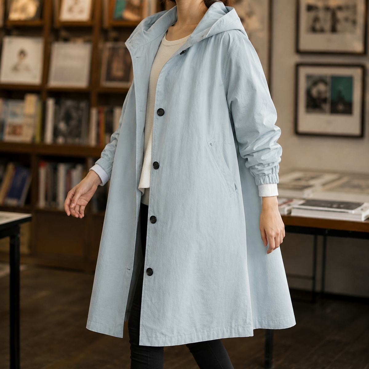 Hooded Coat Polyester Longline with Button Front and Side Pockets