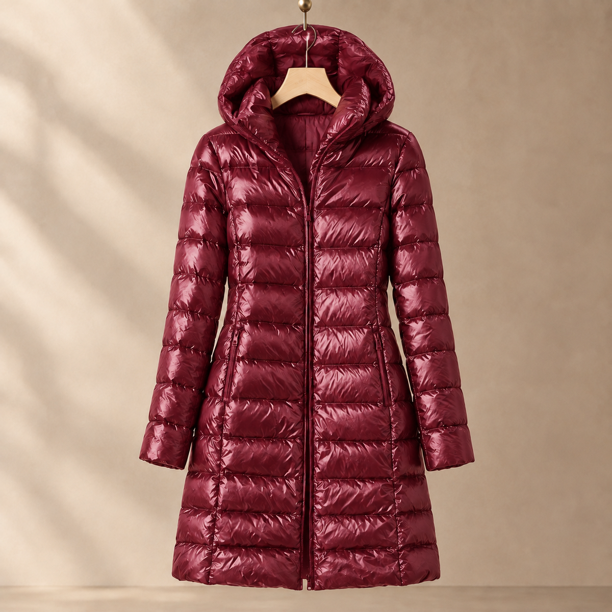 Jacket Duck Down Quilted Slim Mid-Length with Padded Hood and Zip