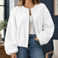 Jacket Polyester Cropped Zip Front with Balloon Sleeves and Round Neck