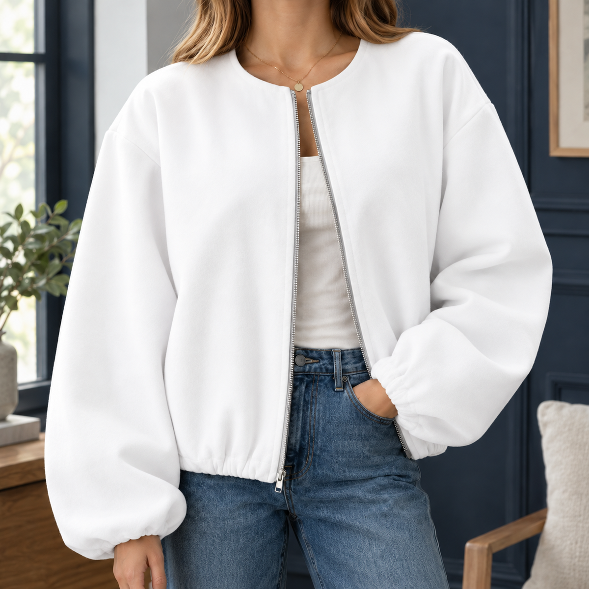 Jacket Polyester Cropped Zip Front with Balloon Sleeves and Round Neck