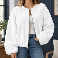 Jacket Polyester Cropped Zip Front with Balloon Sleeves and Round Neck