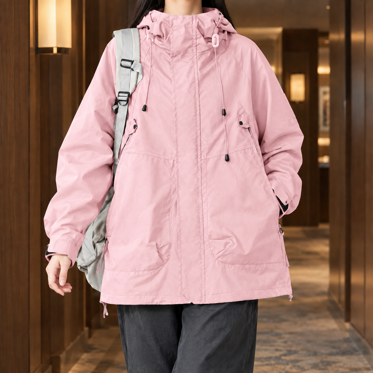 Hooded Jacket Cotton Blend Relaxed Mid-Length with Concealed Zip