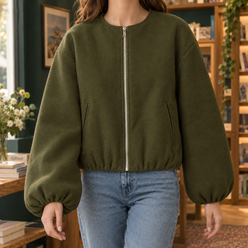 Collarless Jacket Polyester Short with Balloon Sleeves and Zip Front