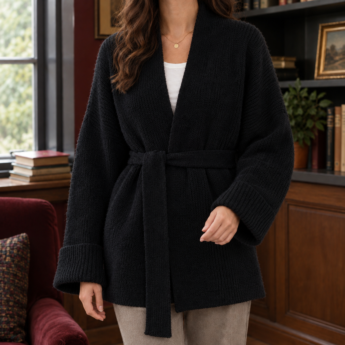 Belted Open-Front Cardigan