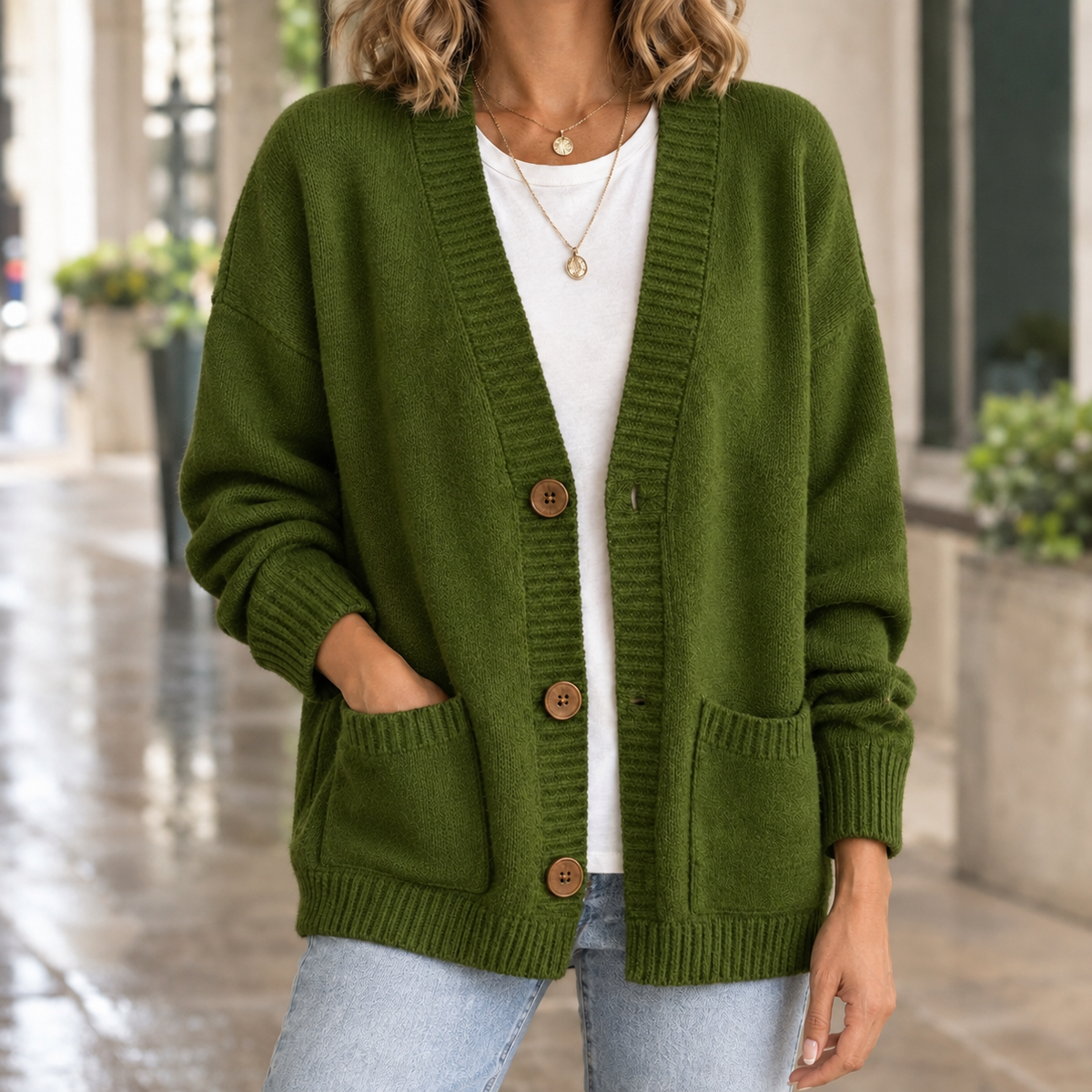 Ribbed V-Neck Cardigan with Dropped Shoulders