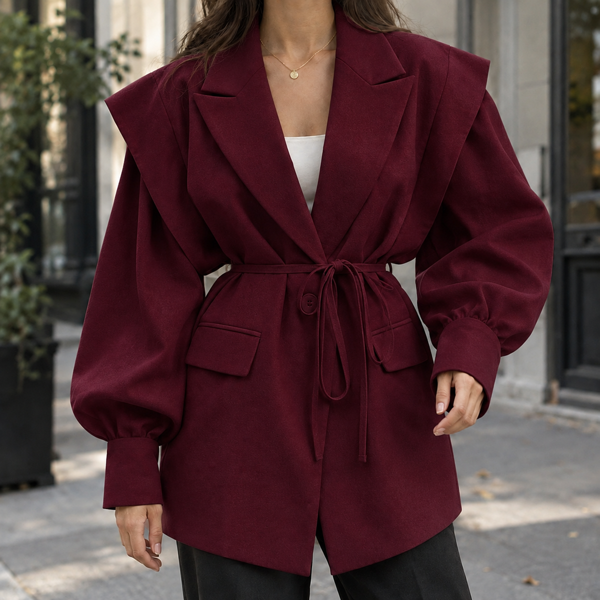 Jacket Polyester Belted with Layered Shoulders and Wide Lapels