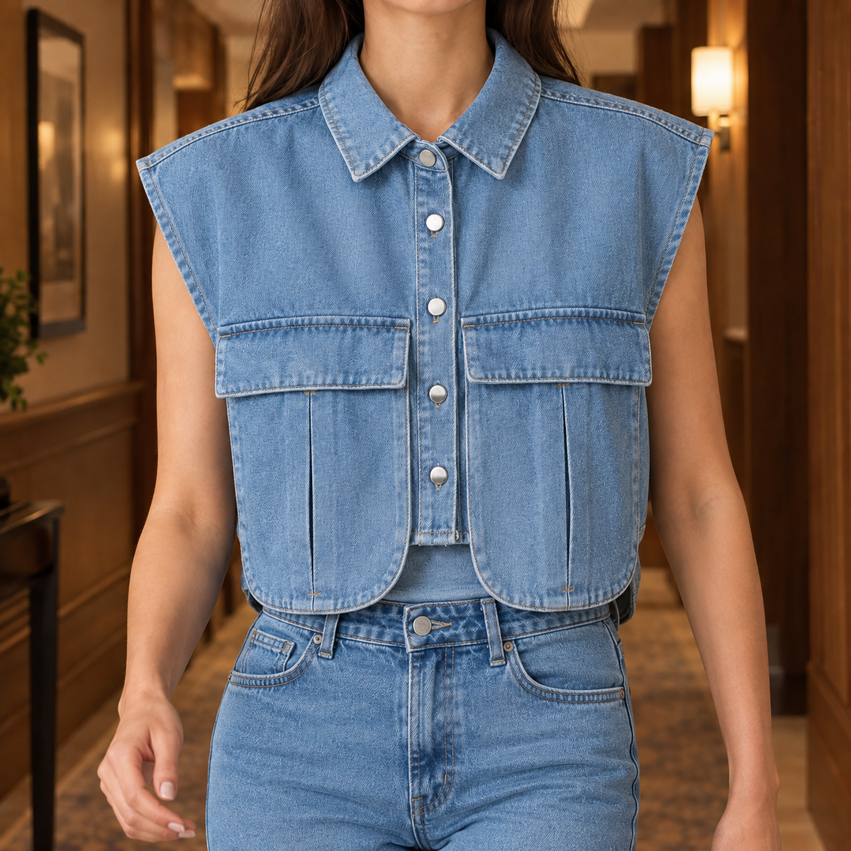 Cropped Denim Utility Top with Flap Pockets