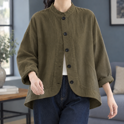 Stand Collar Jacket Cotton Relaxed with Button Front and High-Low Hem