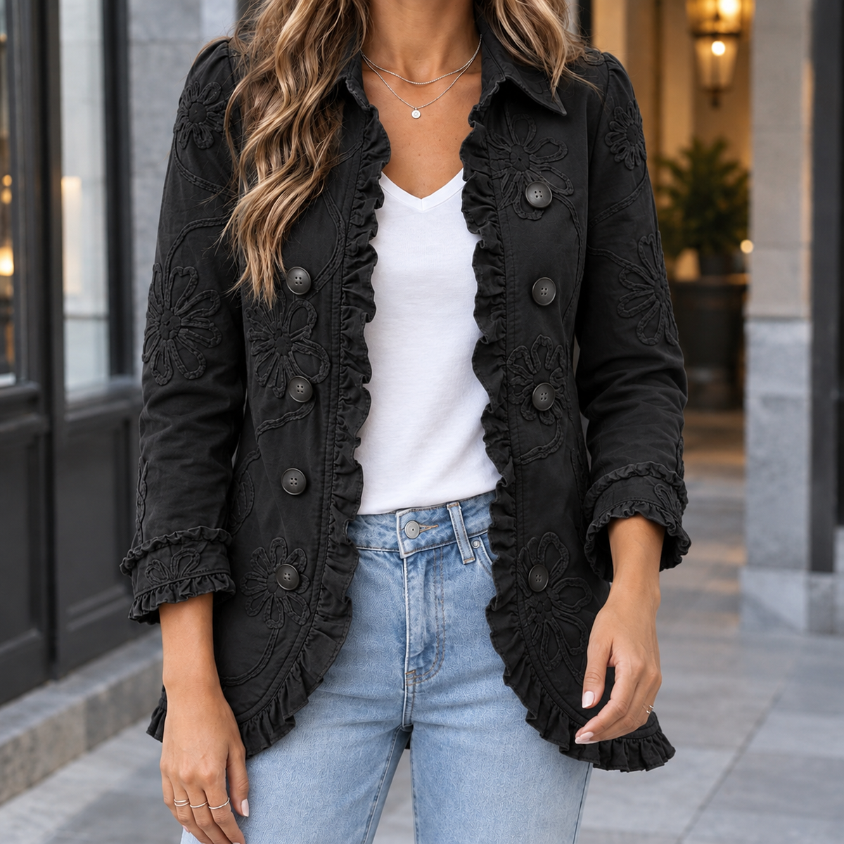 Ruffle Jacket Polyester A-Line with Cascading Ruffle Trim