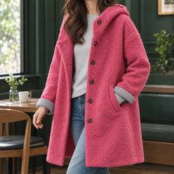 Hooded Coat Wool Blend Relaxed Longline with Button Front