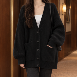 Chunky Ribbed Cardigan with Dropped Shoulders