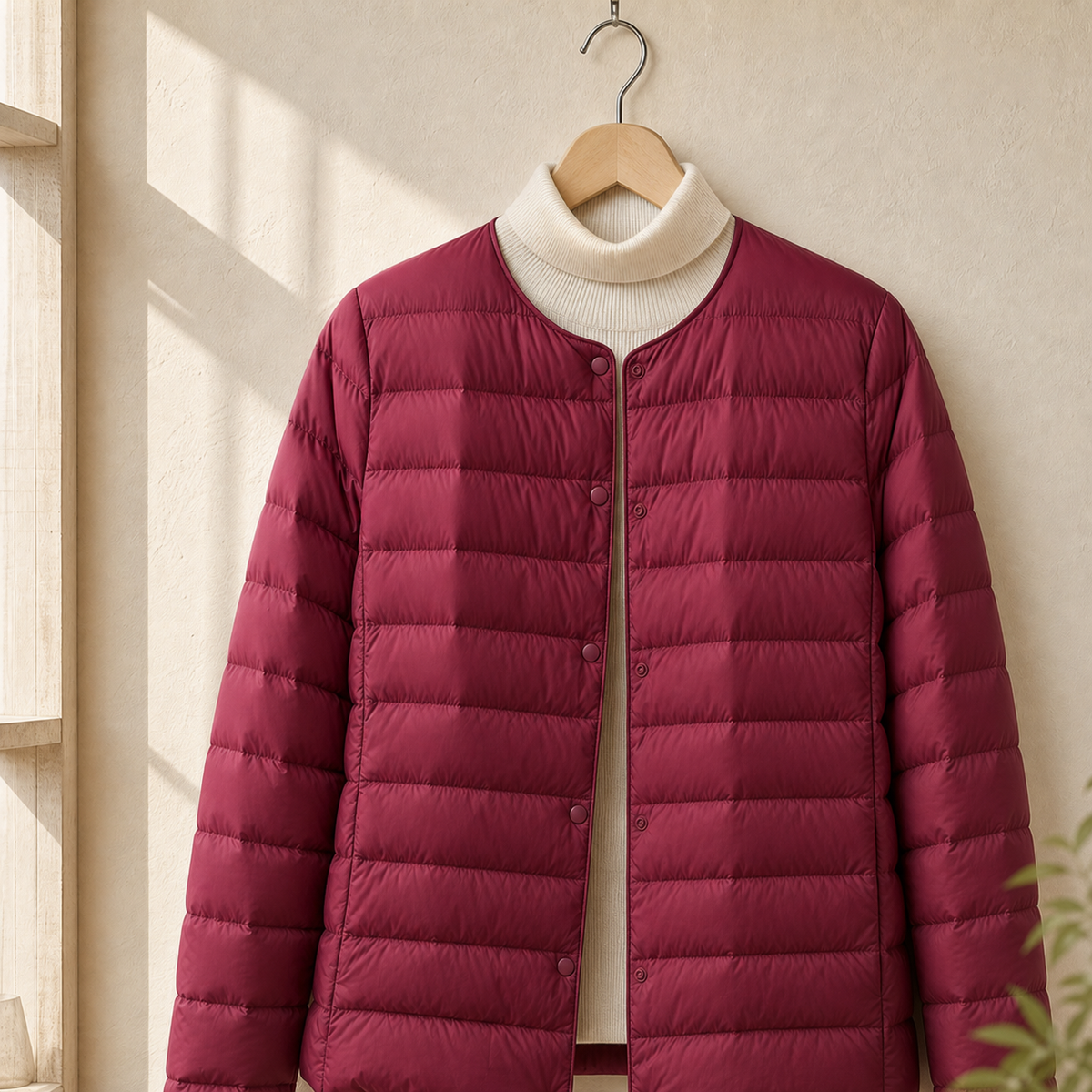 Quilted Jacket Cashmere-Feel with Round Neckline and Tonal Snap Front