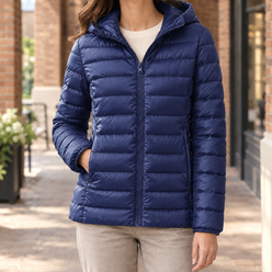 Quilted Jacket Cashmere-Feel Slim Hip-Length with Fixed Padded Hood