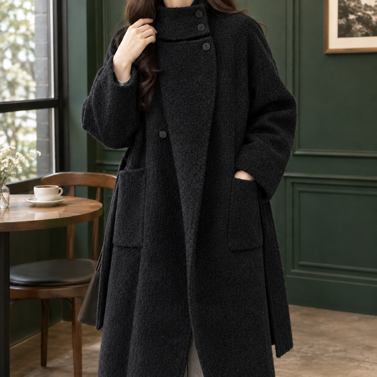 Coat Wool Blend Cashmere-Feel Longline with Asymmetric Stand Collar