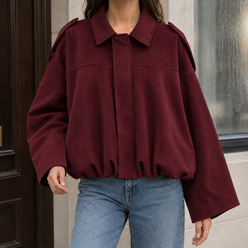 Bomber Jacket Faux Suede Relaxed with Dropped Shoulders and Bubble Hem