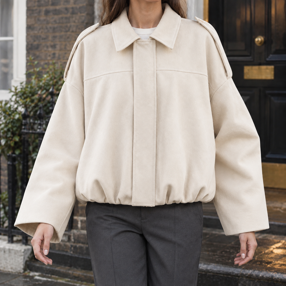 Jacket Faux Suede Relaxed Batwing with Epaulettes and Gathered Hem