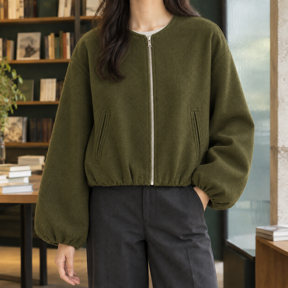 Balloon Sleeve Jacket Polyester Cropped with Round Neck and Full Zip