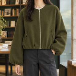 Balloon Sleeve Jacket Polyester Cropped with Round Neck and Full Zip