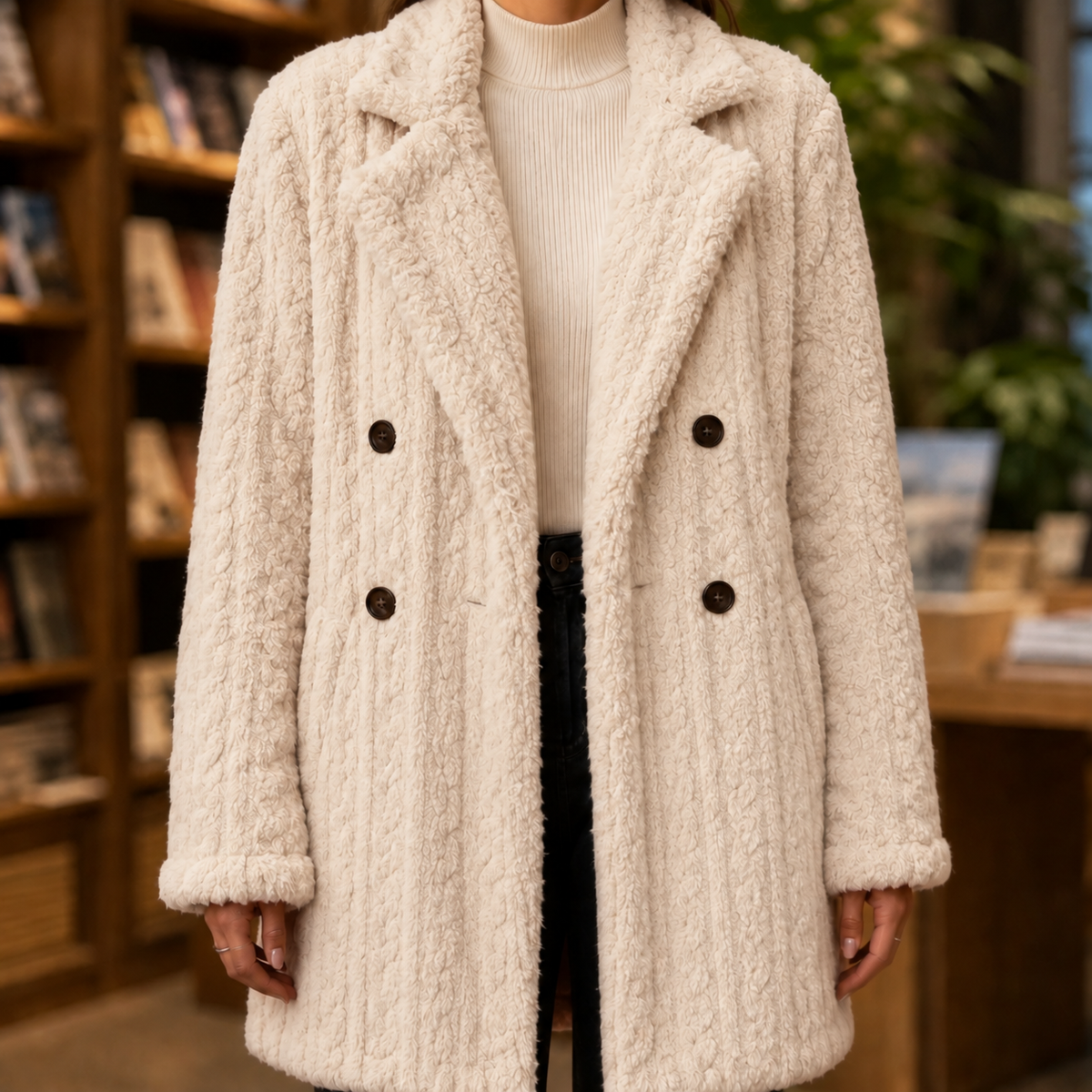 Coat Polyester Longline with Raised Cable Texture and Notched Lapels