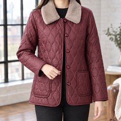 Quilted Jacket Faux Leather with Plush Collar and Patch Pockets