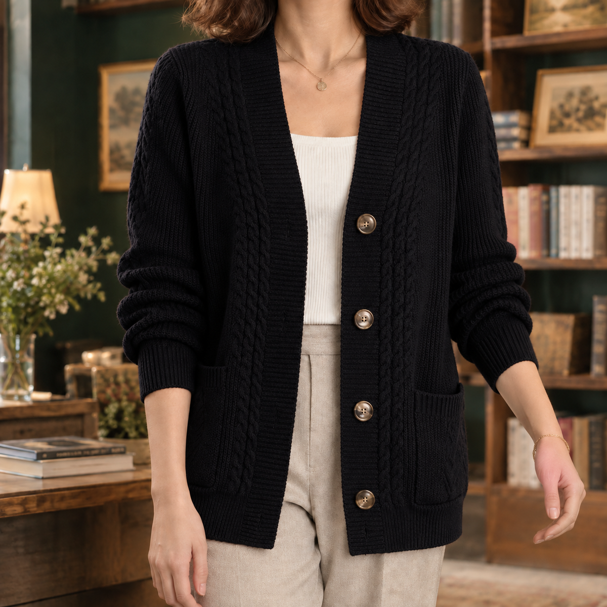 Wool-Blend Cable Knit Cardigan