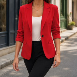 Blazer Polyester with Ruched Three-Quarter Sleeves and Notched Lapels