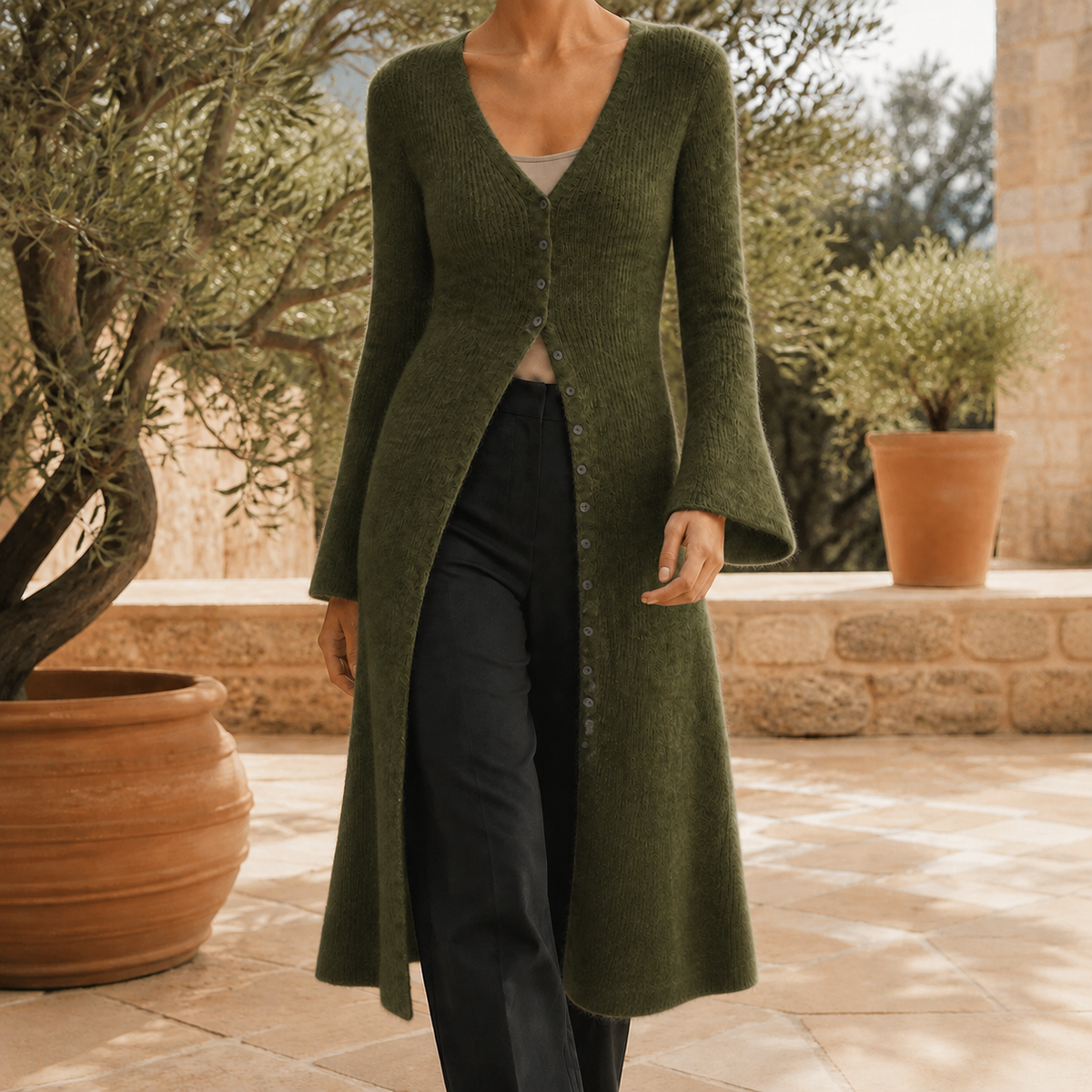 Wool-Blend V-Neck Longline Cardigan