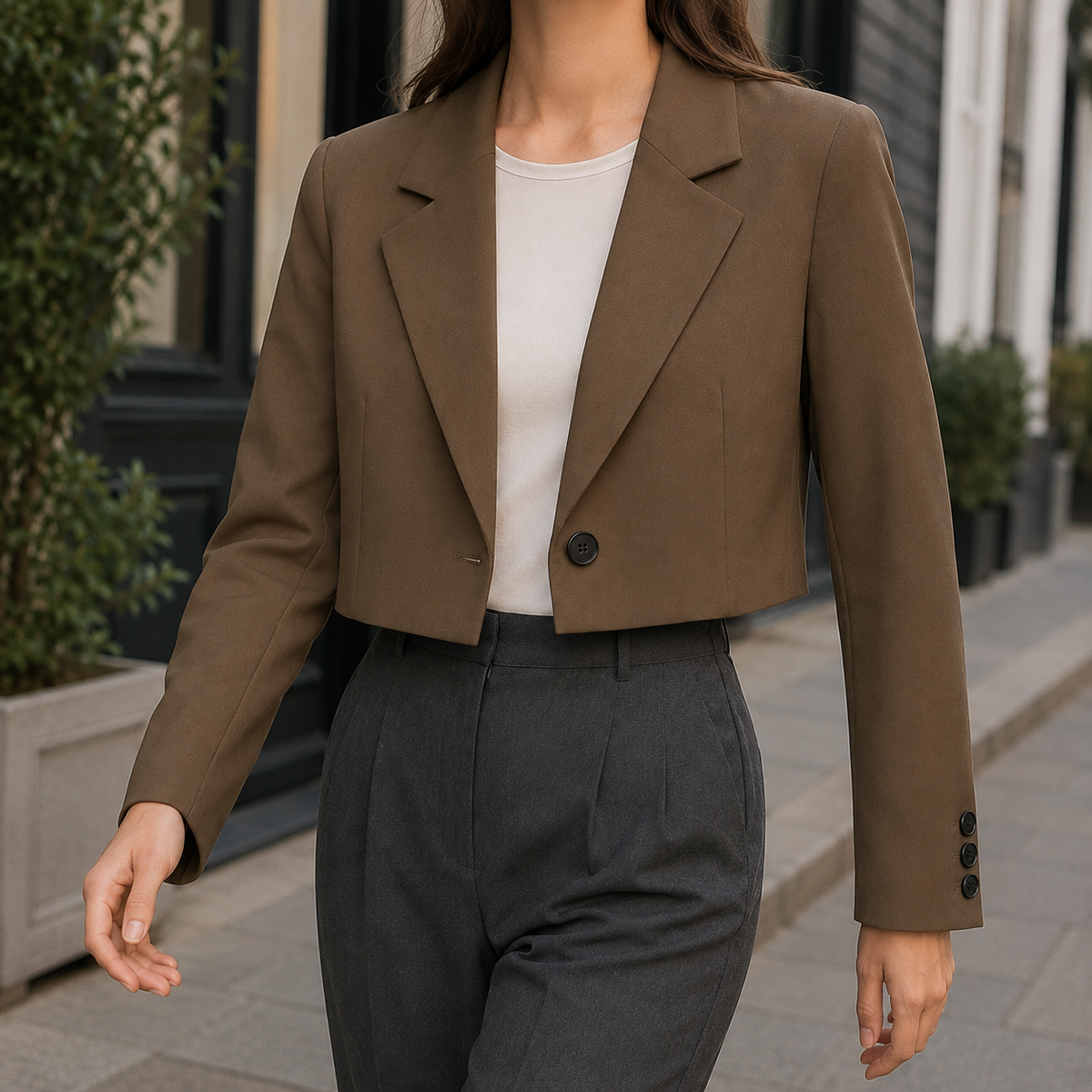 Blazer Polyester Cropped Relaxed with Broad Lapels and Single Button