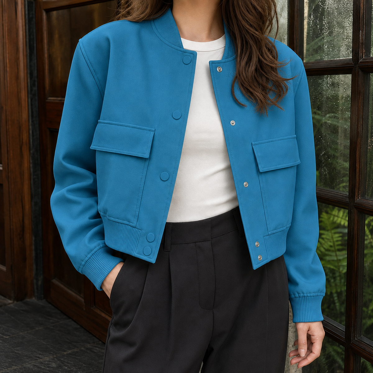 Utility Jacket Polyester Cropped with Snap Front and Flap Pockets