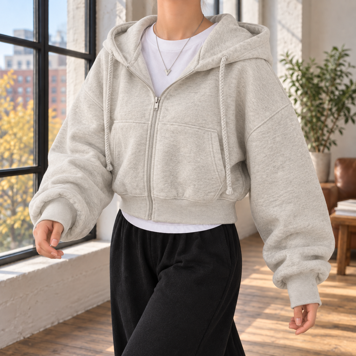 Cropped Fleece-Lined Zip Hoodie