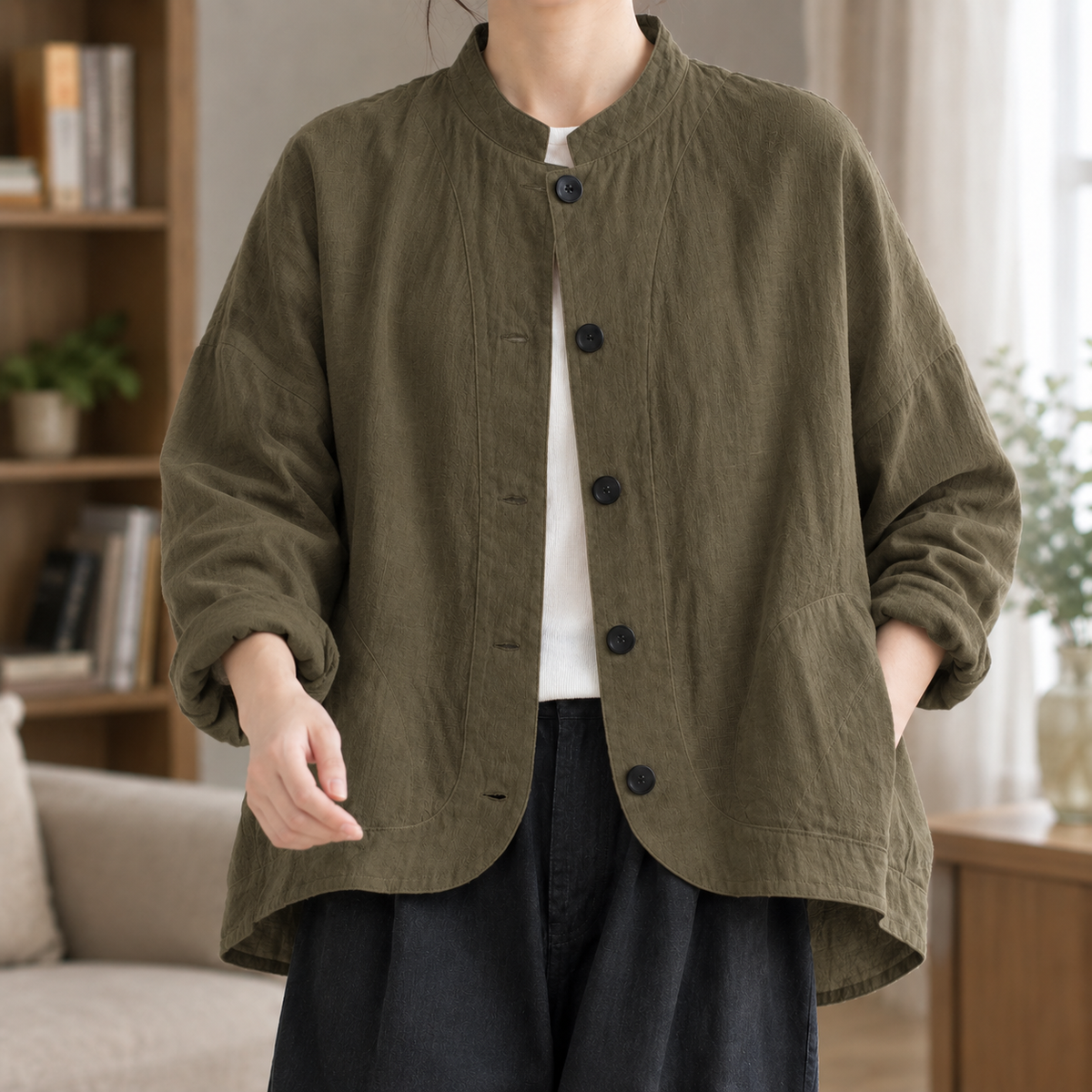 Stand Collar Jacket Cotton Blend Gauze Batwing with Button Front