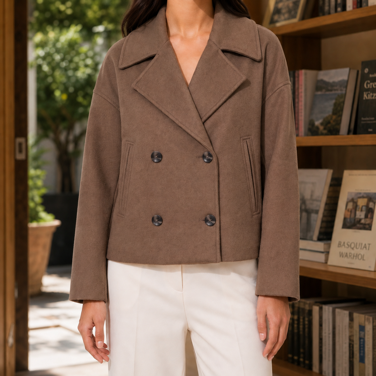 Blazer Polyester Cropped Boxy Double-Breasted with Notched Lapels