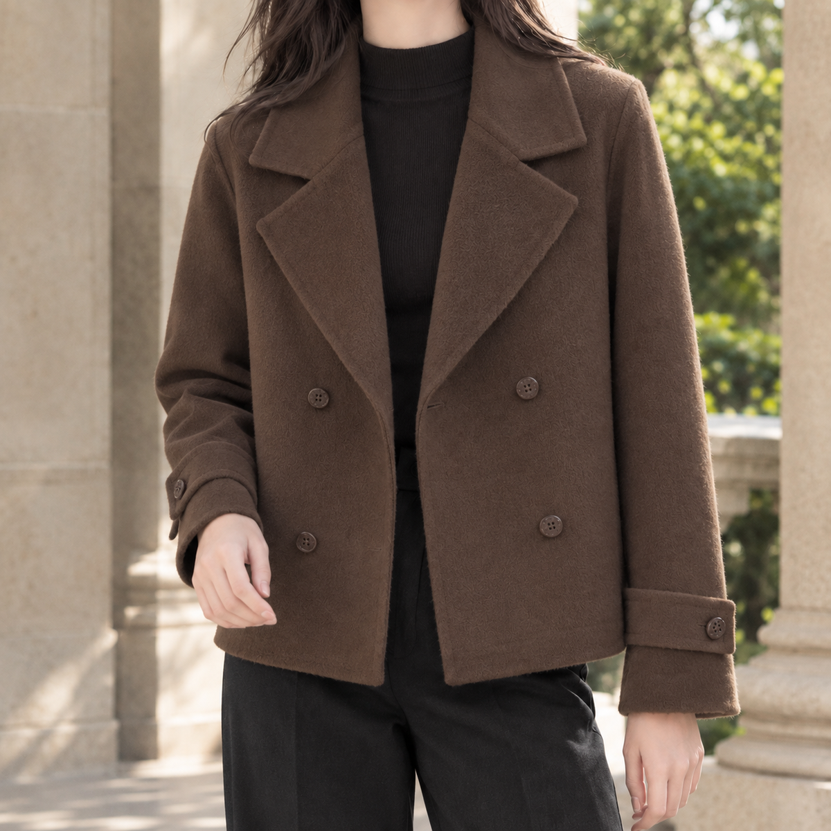 Jacket Wool Double-Breasted Cropped Relaxed with Buttoned Cuff Straps