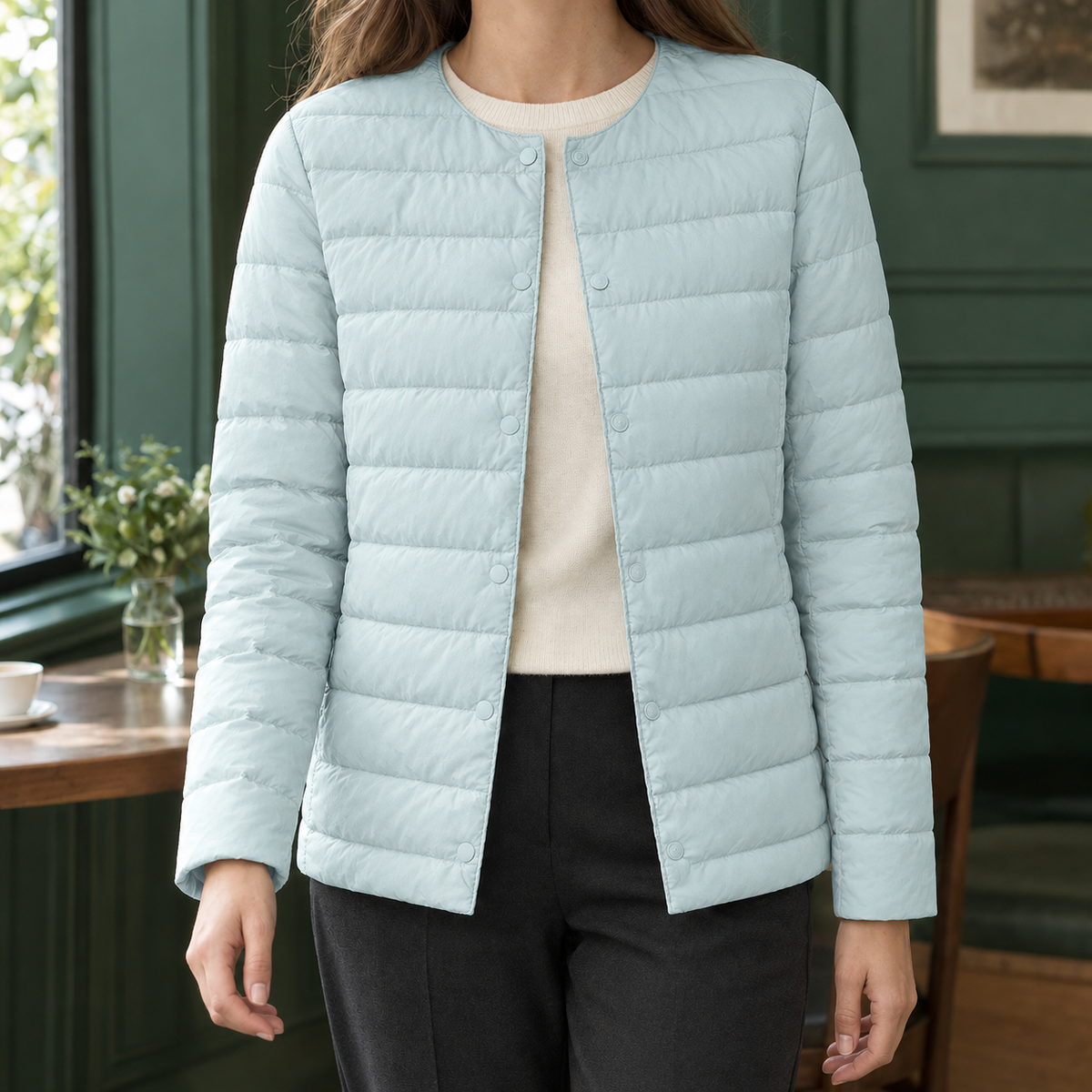 Quilted Jacket White Duck Down Filled Slim Hip-Length with Snap Front