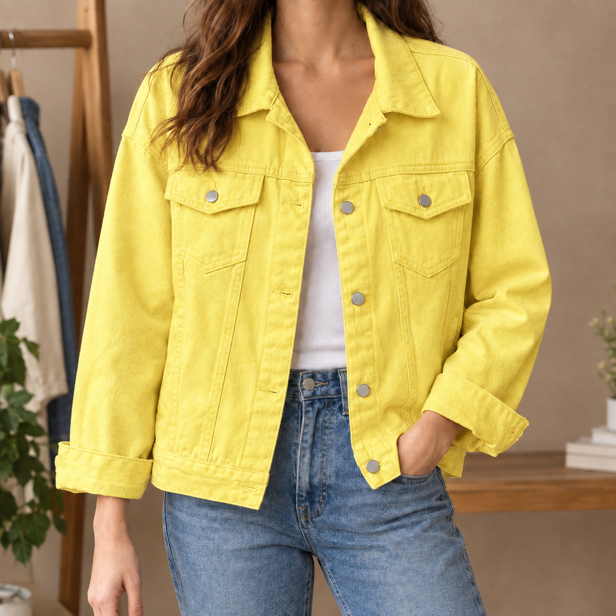 Denim Jacket Cotton Blend Relaxed with Four Pockets, Silver Buttons