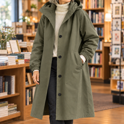 Overcoat Polyester Hooded Longline with Button Front and Side Pockets