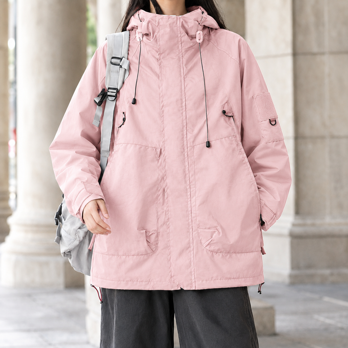 Utility Jacket Cotton Blend Hooded with Concealed Zip and Four Pockets