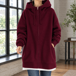 Oversized Fleece Zip Hoodie, Thigh Length