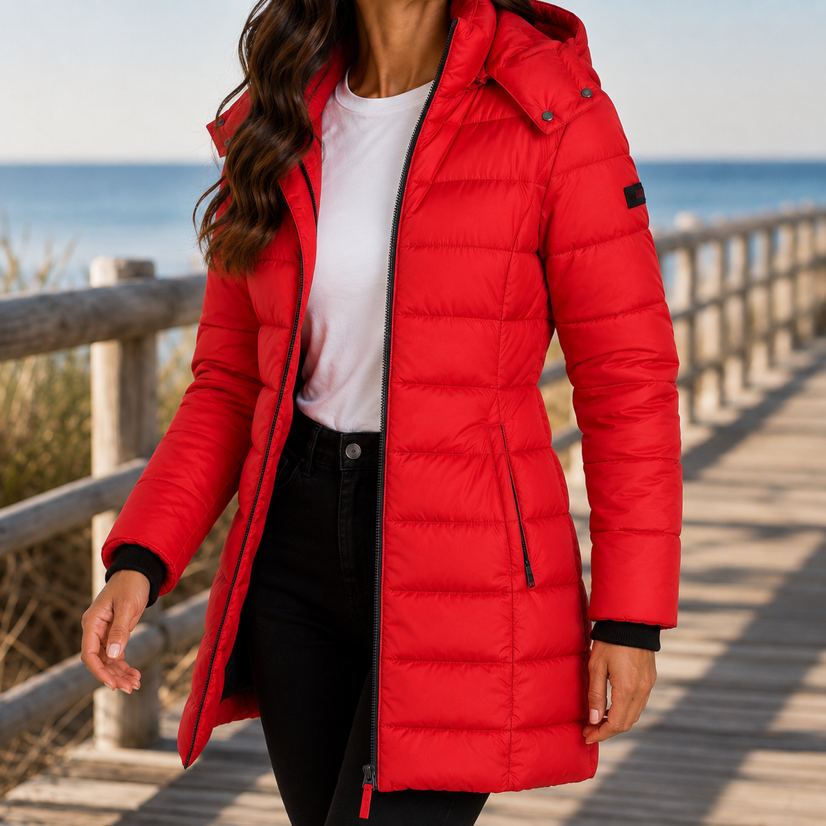 Quilted Jacket Polyester Longline with Hood, Full Zip and Side Pockets