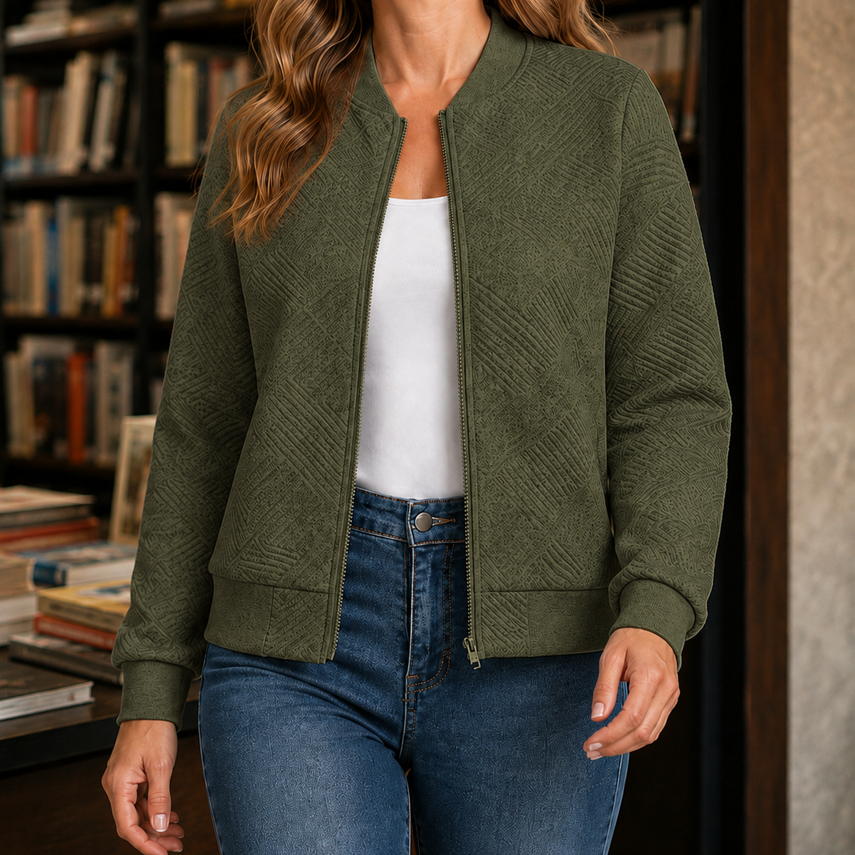 Bomber Jacket Polyester with Raised Geometric Texture and Full Zip