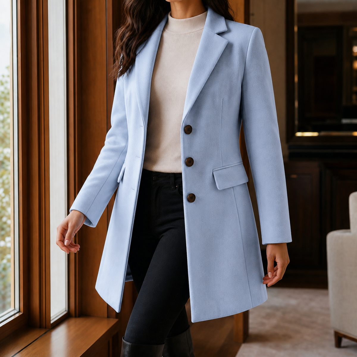 Coat Wool Blend Tailored Fitted Flared with Notched Lapels
